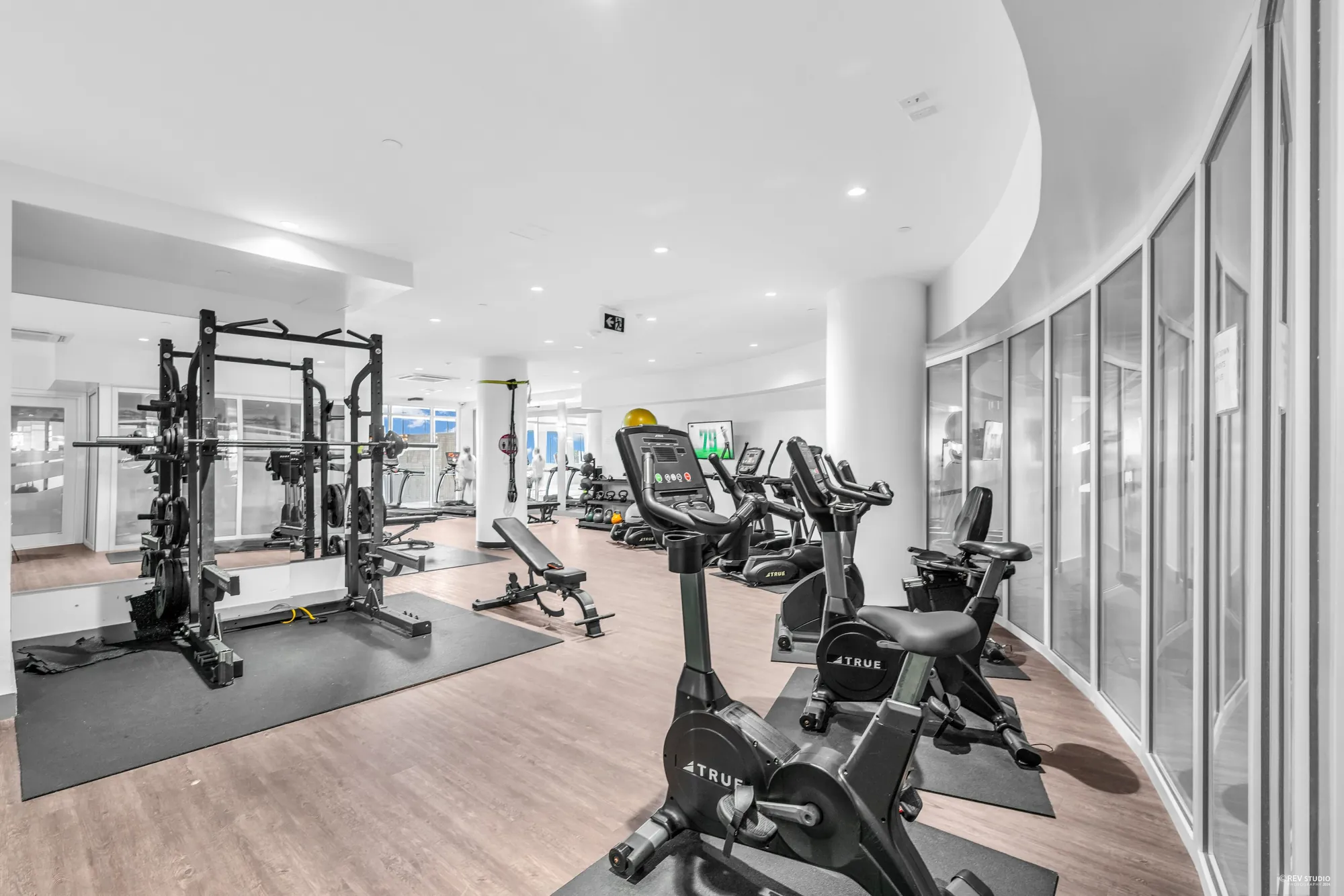 The gym with a squat rack, free weights, treadmills and stationary bikes