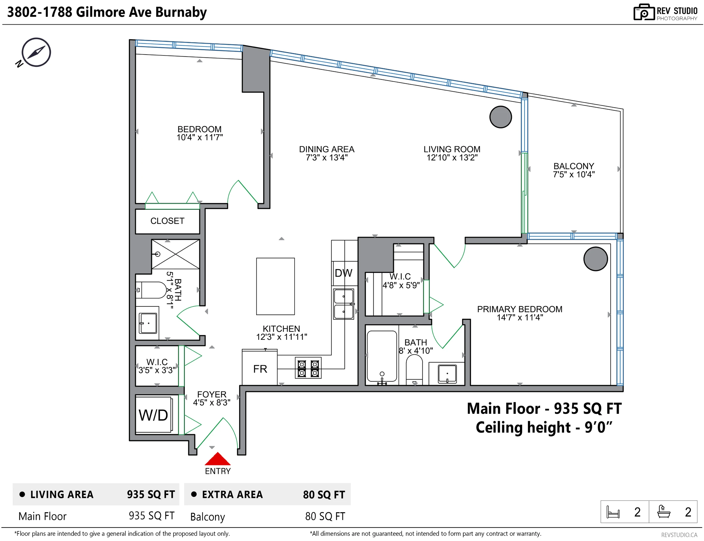 Floor plan of 3802 showing the entry, kitchen, living and dining, two bedrooms, two bathrooms, the walk-in closet and the balcony
